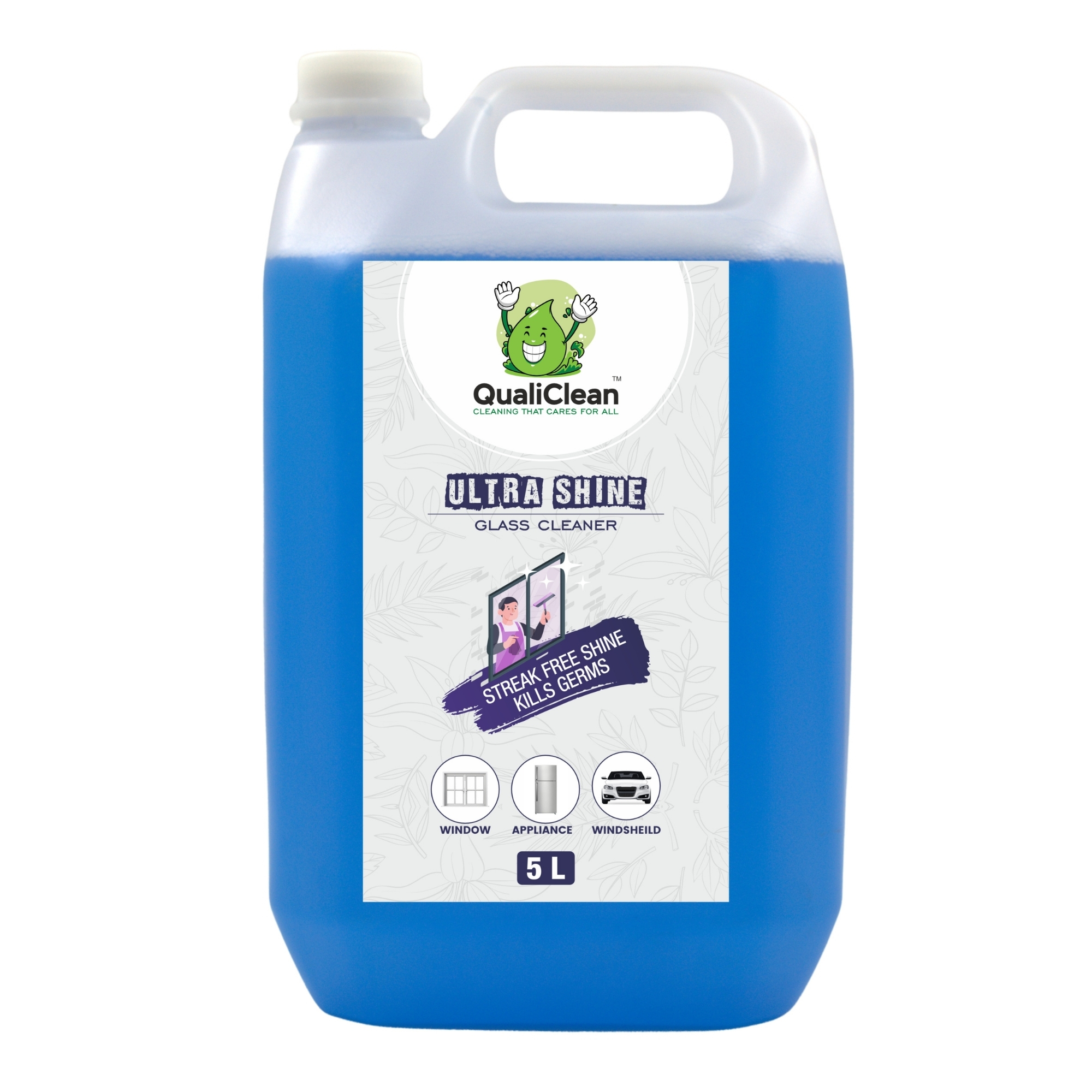 QualiClean Glass Cleaner – 5 Litre Refill | Crystal Clear Shine | Streak-Free Results | Removes Fingerprints & Dust | Leaves No Residue | Bulk Glass Cleaner for Home & Commercial Use