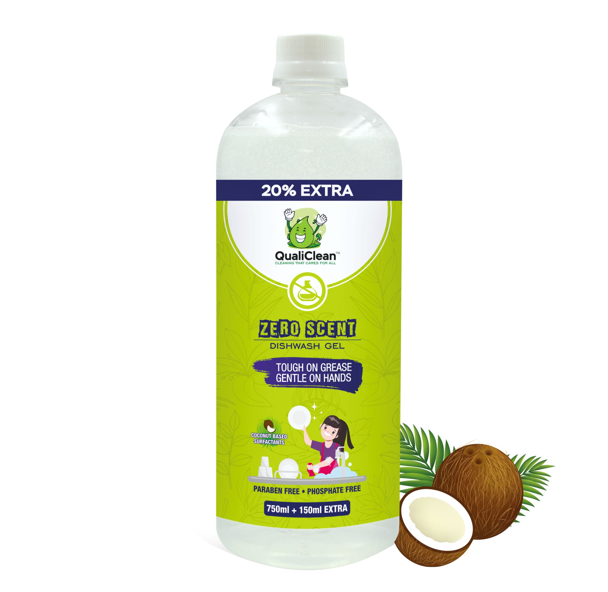 QualiClean Dishwash Gel – 900ml (750ml + 150ml Extra) | Fragrance-Free & Color-Free | Powerful Grease Removal | Gentle on Hands | Paraben & Phosphate-Free | Dishwash Liquid - For Sparkling Utensils